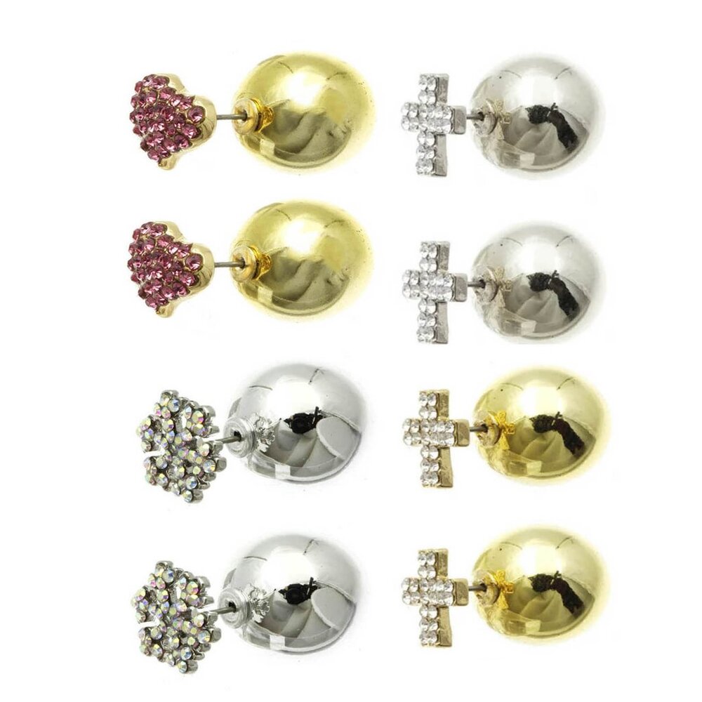 Reversible Crystal Cross and  Heart Snowflake Stud Earrings Set